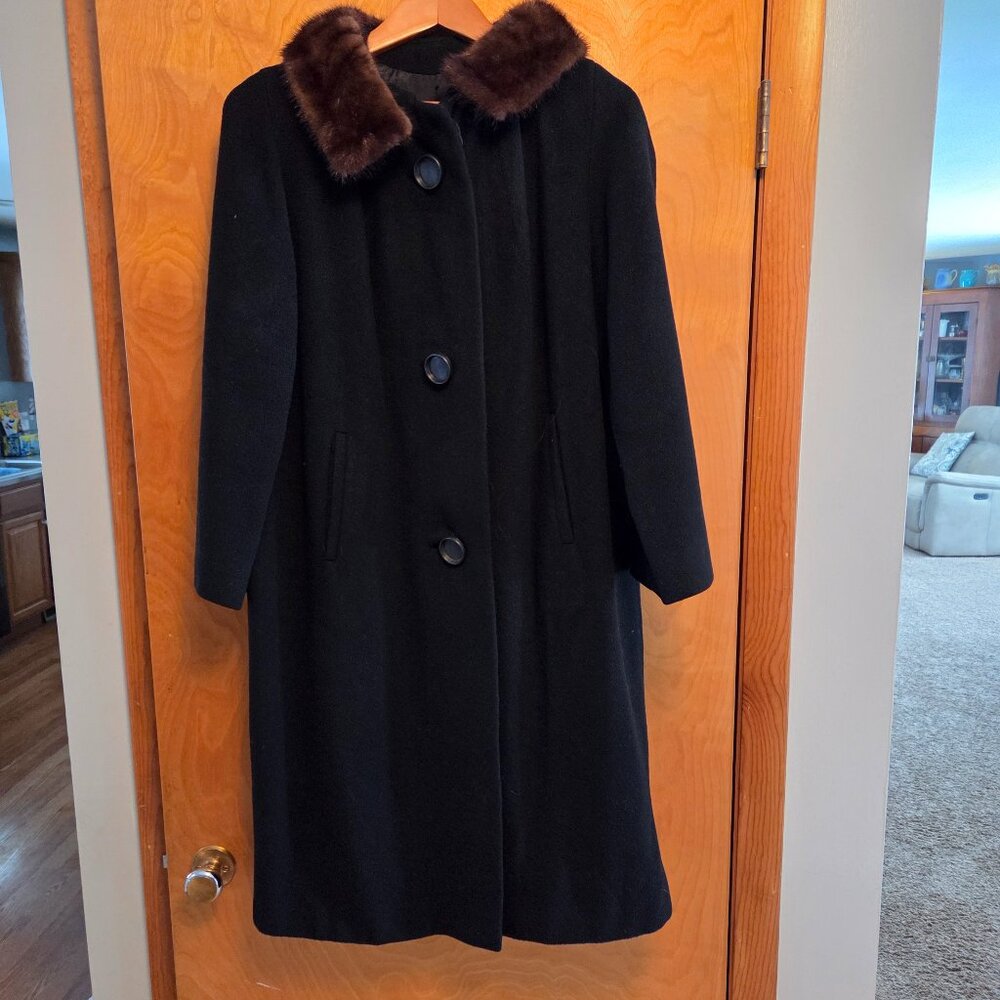 Vintage 100% Cashmere Women's Long Black Trench Coat Jacket w/Fur Collar 1950's